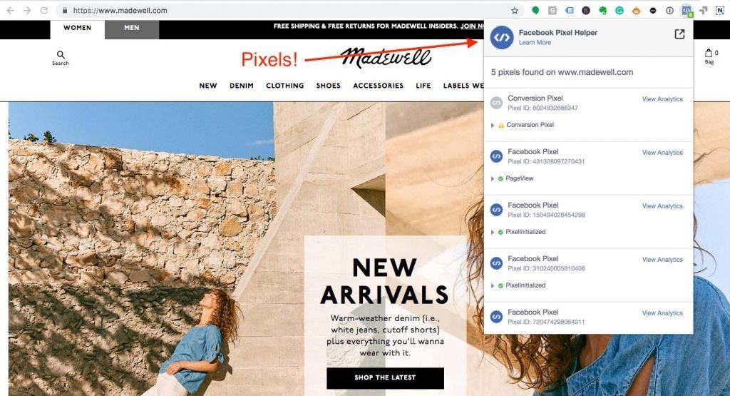 Captura de pantalla de Madewell.com con la extensión de Facebook Pixel Chrome